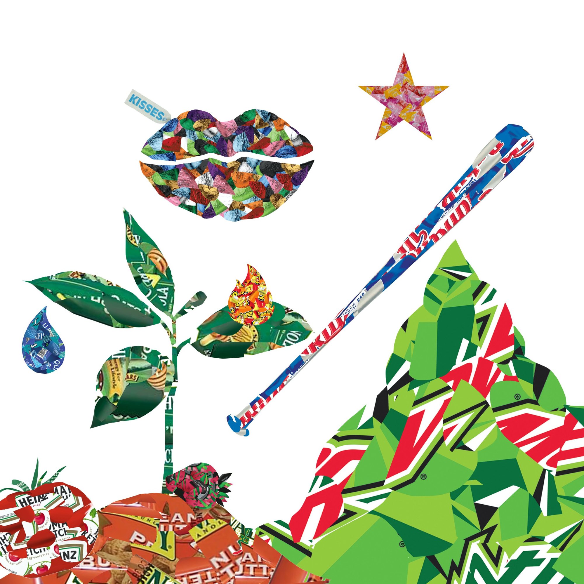 A square composition that combines the wrapper icons: a sprout growing from a pile of wrappers, with a mountain, baseball bat, flame, water drop, lips, star and tomato around it.