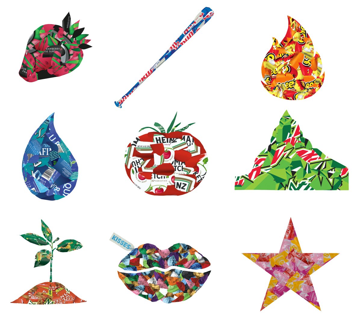 Nine icons, each collaged from torn candy and snack wrappers: a strawberry, baseball bat, flame, water drop, tomato, mountain, sprout, pair of lips and a star.