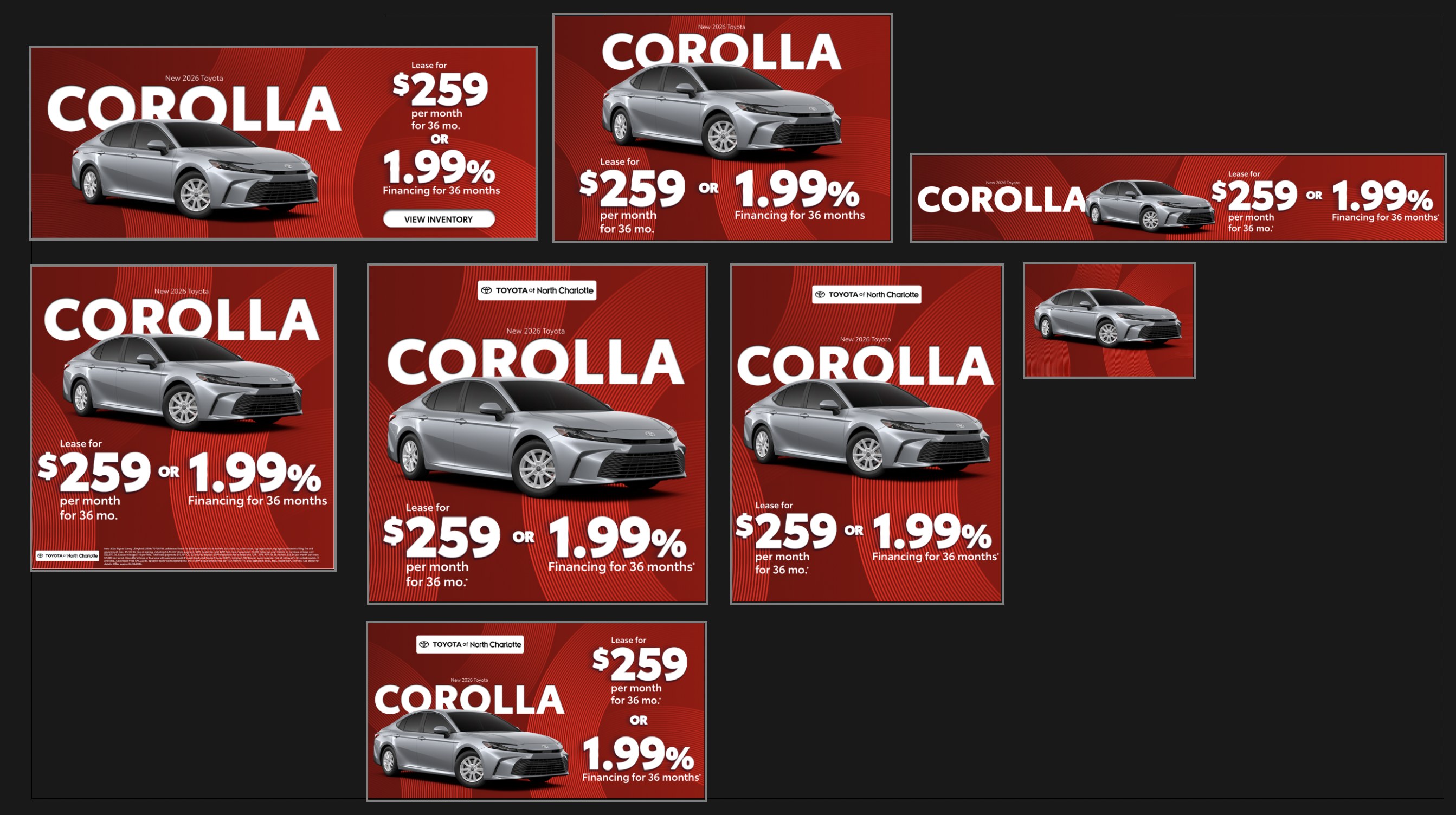 A set of display ad sizes for the 2026 Toyota Corolla, each showing a $259 lease or 1.99% financing for 36 months on a red wave-pattern background.