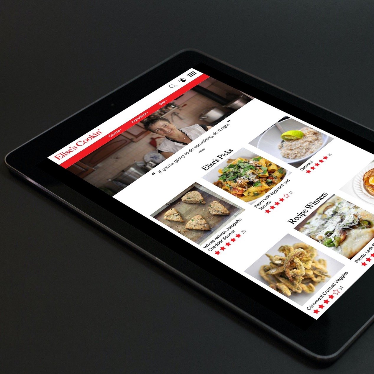 Mockup of the Elise's Cookin' home page on a tablet, showing a photo of Elise, Elise's Picks and Recipe Winners with rated dishes.