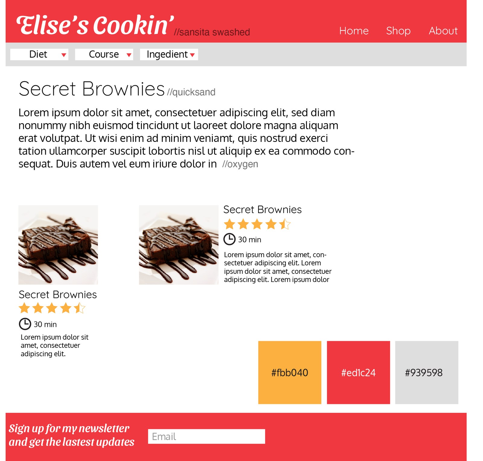 Style tile for Elise's Cookin' with a red header and script logo, filter bar, recipe cards with star ratings and cook times, a newsletter sign-up, and a palette of orange, red and gray.