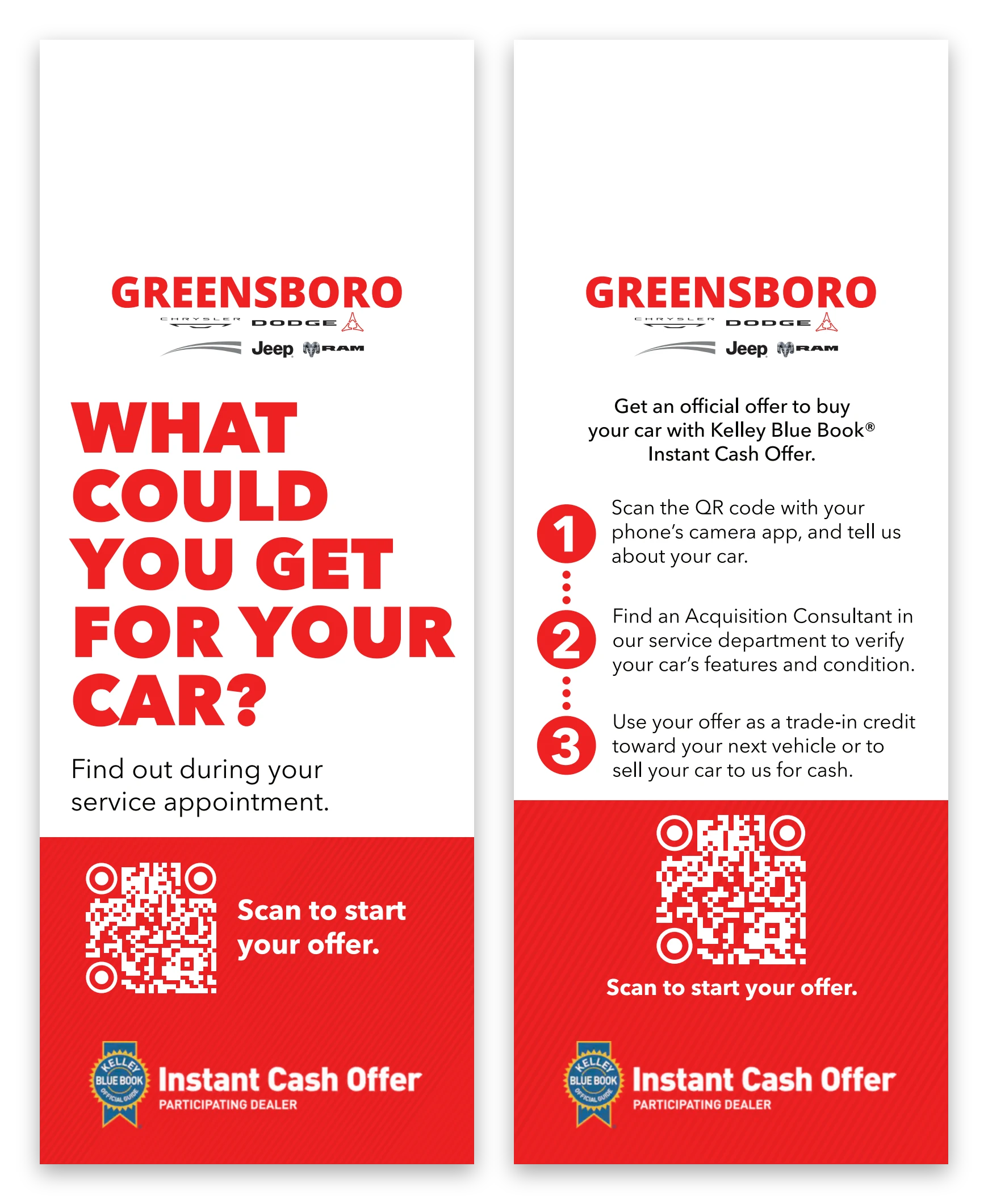 Front and back of a Kelley Blue Book Instant Cash Offer hang tag for Greensboro Chrysler Dodge Jeep Ram. The front asks What could you get for your car in large red type, with a QR code panel. The back gives three numbered steps and a second QR code.