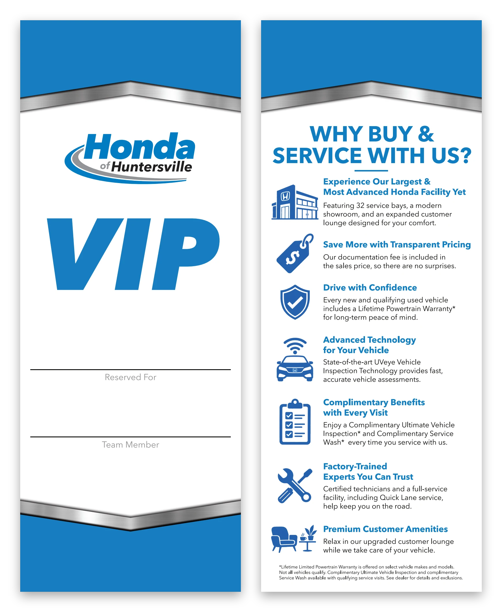 Front and back of a VIP hang tag for Honda of Huntersville. The front has a large blue VIP over lines for Reserved For and Team Member. The back, titled Why Buy and Service With Us, lists seven benefits with icons, including a large service facility, transparent pricing and complimentary vehicle inspection.