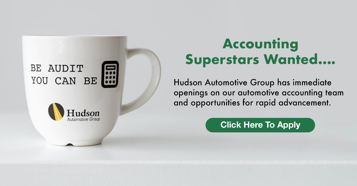 Recruitment ad with a white mug printed 'Be audit you can be' and a calculator icon beside the headline 'Accounting Superstars Wanted' and a Click Here To Apply button.