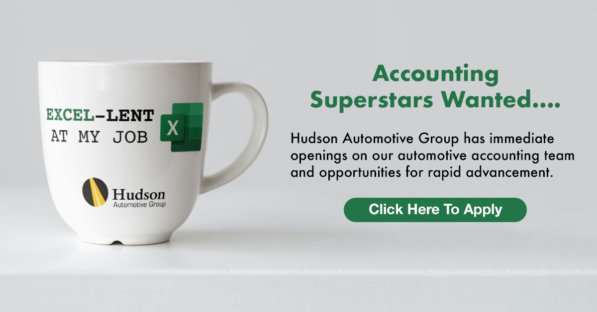 Recruitment ad with a white mug printed 'Excel-lent at my job' beside the headline 'Accounting Superstars Wanted' and a Click Here To Apply button.