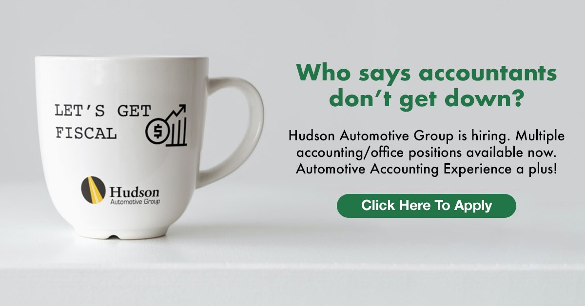 Recruitment ad with a white mug printed 'Let's get fiscal' beside the headline 'Who says accountants don't get down?' and a Click Here To Apply button.