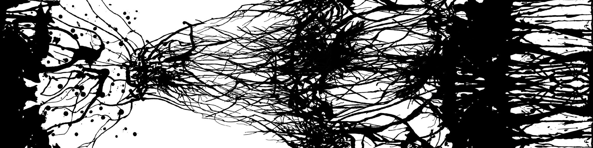 Black ink on white paper, a wide panorama: dense ink masses at both ends narrow to a fine tangle of branching lines in the center.