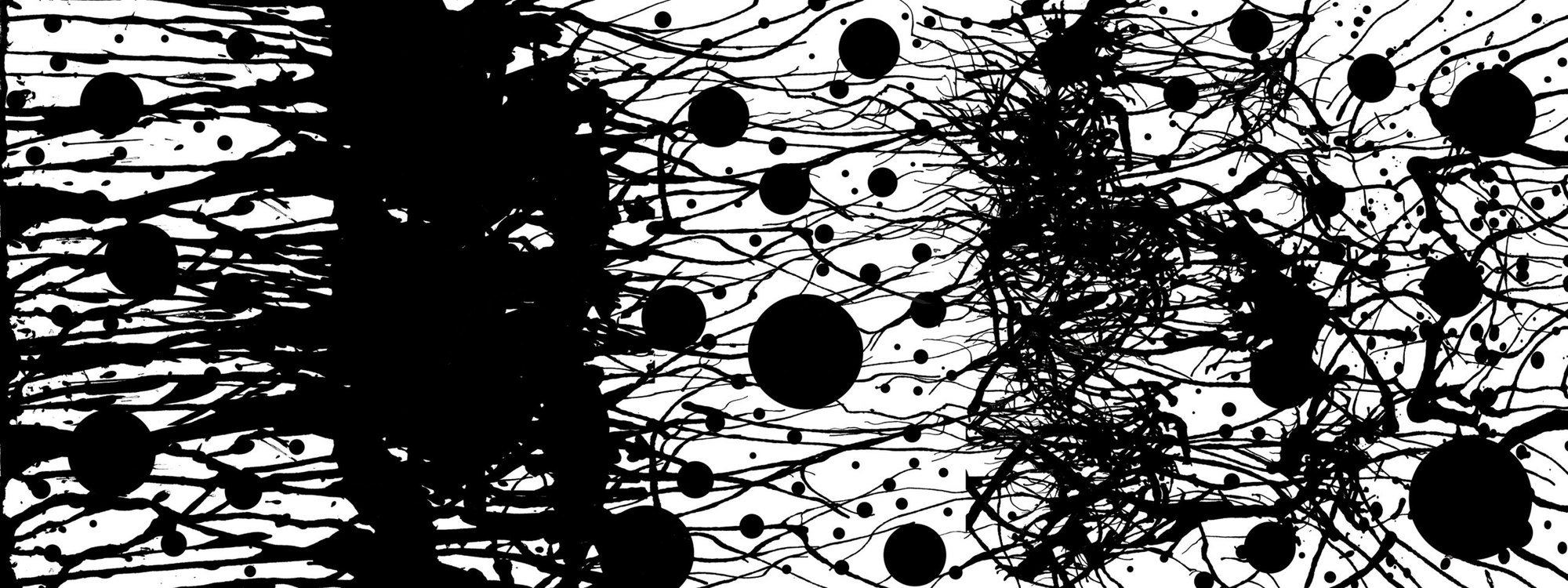 Black ink on white paper: a heavy dark mass on the left gives way to branching lines scattered with black circles and dots.