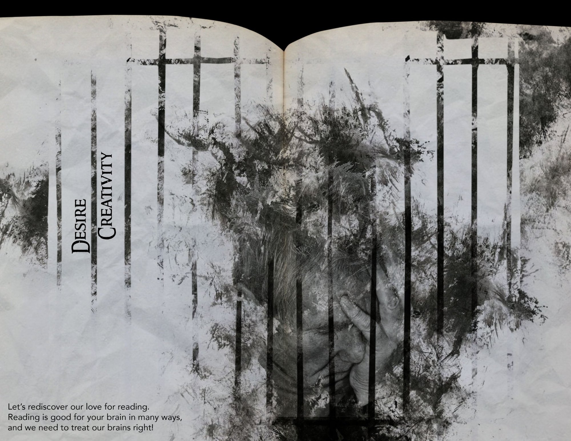 An open book with black-and-white ink textures and prison bars across both pages. A man holds his head in his hand behind the bars. The headline reads Desire Creativity.
