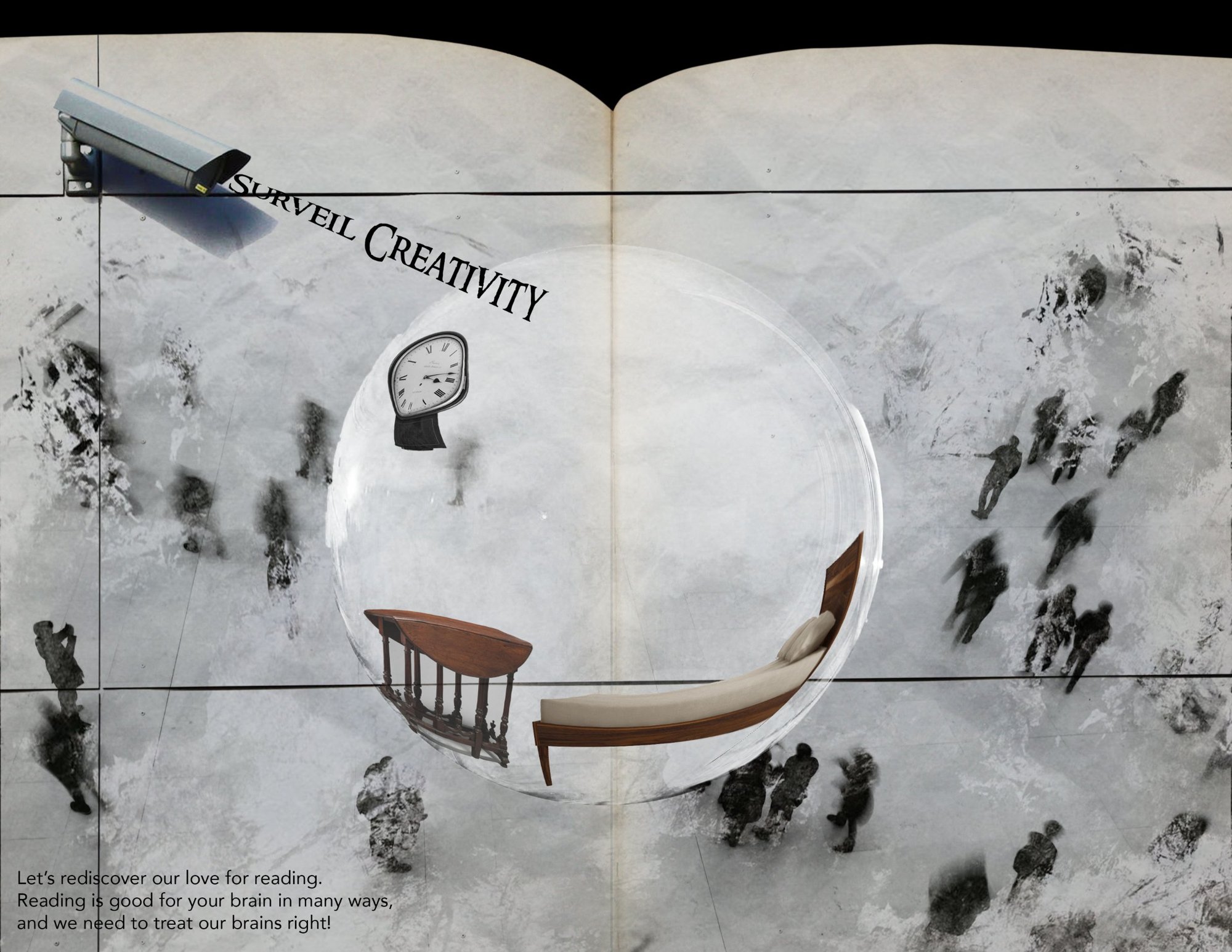 An open book seen from above with blurred crowds of people. A large transparent bubble holds a warped clock, a table and a lounge chair, while a security camera points at it. The headline reads Surveil Creativity.