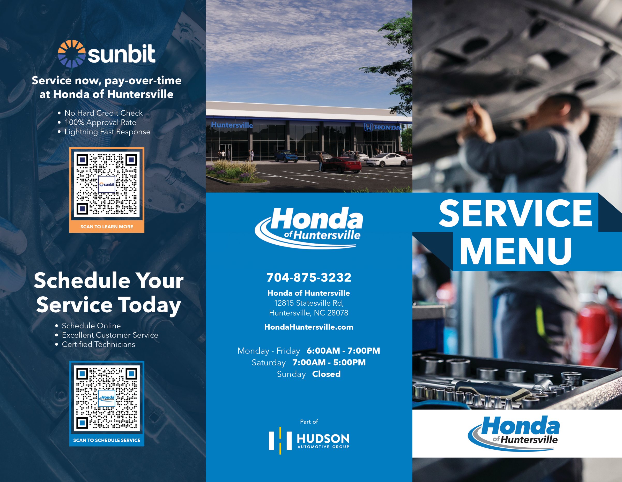Outside of a tri-fold Service Menu brochure for Honda of Huntersville: a pay-over-time panel and a schedule-service panel, each with a QR code, a center panel with the dealership's address, phone number and hours, and a cover panel reading Service Menu.