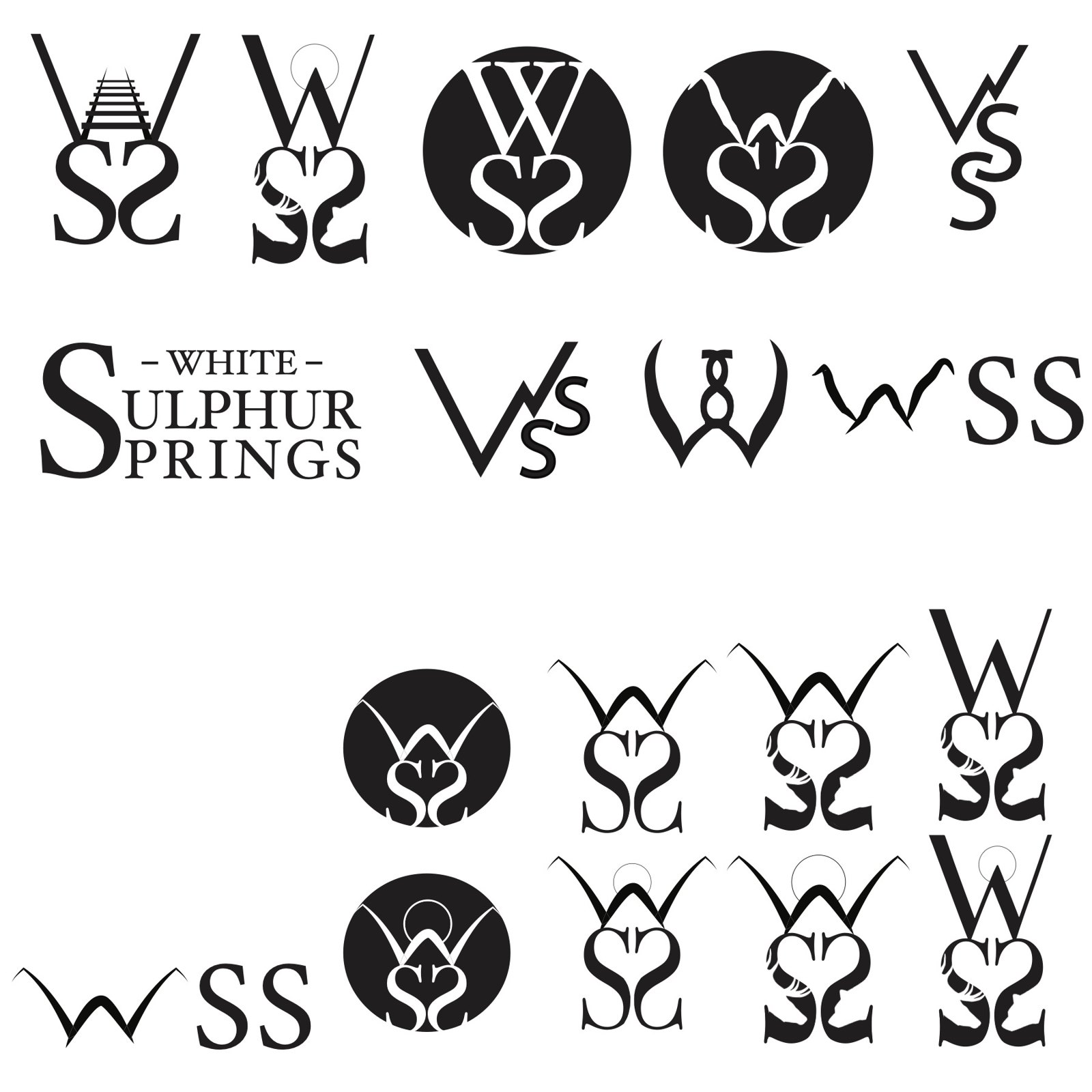 A sheet of digital logo concepts in black: variations of a W over mirrored S's, some in solid circles, plus a serif White Sulphur Springs wordmark.