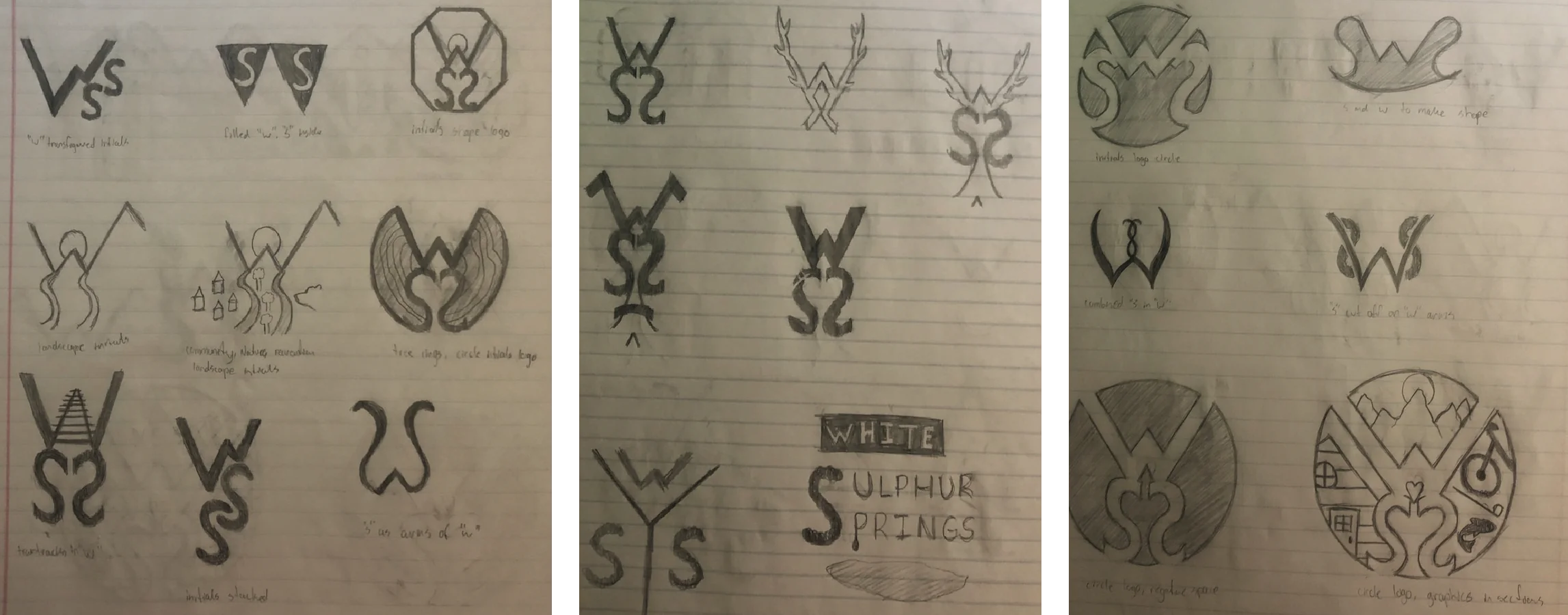 Three pages of pencil sketches on lined paper exploring logo ideas from the letters W and S: railroad tracks, mountains with a sun, tree rings, antlers, circular badges and a stacked wordmark.